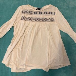 Forever 21 Cream White Baby Doll Shirt with Navy and Pink Embroidery